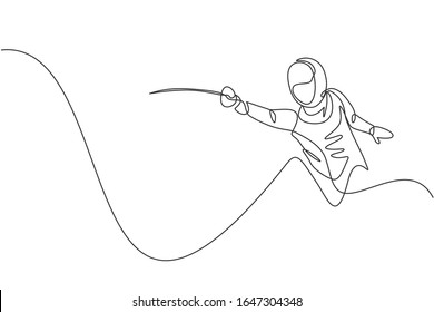 One single line drawing of young woman fencer athlete in fencing costume exercising motion on sport arena vector illustration. Combative and fighting sport concept. Modern continuous line draw design