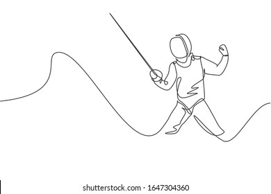 One single line drawing of young man fencer athlete in fencing costume exercising motion on sport arena vector illustration. Combative and fighting sport concept. Modern continuous line draw design