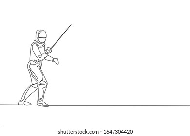 One single line drawing of young man fencer athlete in fencing costume exercising motion on sport arena vector illustration. Combative and fighting sport concept. Modern continuous line draw design