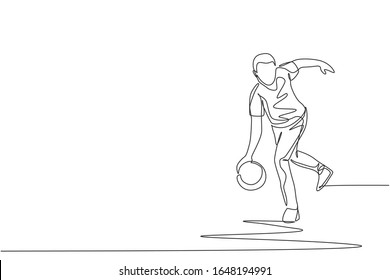 One single line drawing of young talented bowling player man throw ball to hit bowling pins graphic vector illustration. Healthy people lifestyle and sport concept. Modern continuous line draw design