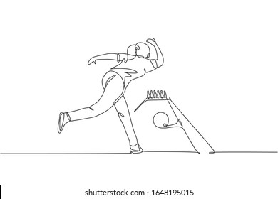 One single line drawing young talented bowling player woman throw ball to hit bowling pins vector illustration graphic. Healthy people lifestyle and sport concept. Modern continuous line draw design