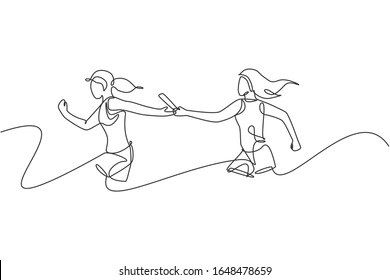 One single line drawing young happy runner women pass baton stick to her friend at race graphic vector illustration. Healthy lifestyle and competitive sport concept. Modern continuous line draw design