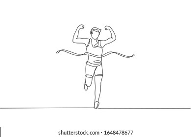 One single line drawing of young happy runner man pass finish line and hit ribbon graphic vector illustration. Healthy lifestyle and competitive sport concept. Modern continuous line draw design