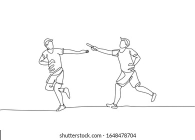One single line drawing young happy runner man pass baton stick to his teammate at race vector graphic illustration. Healthy lifestyle and competitive sport concept. Modern continuous line draw design