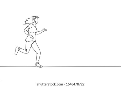 One single line drawing young happy runner woman run relax while listening music with headphone vector illustration graphic. Healthy lifestyle and fun sport concept. Modern continuous line draw design