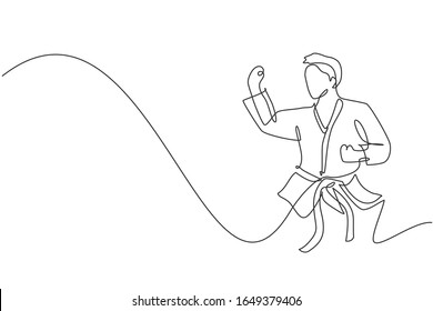 One single line drawing of young sporty karateka man in fight uniform with belt exercising martial art at gym vector illustration. Healthy sport lifestyle concept. Modern continuous line draw design