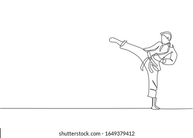 One single line drawing of young sporty karateka man in fight uniform with belt exercising martial art at gym vector illustration. Healthy sport lifestyle concept. Modern continuous line draw design