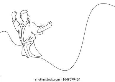 One single line drawing of young sporty karateka man in fight uniform with belt exercising martial art at gym vector illustration. Healthy sport lifestyle concept. Modern continuous line draw design