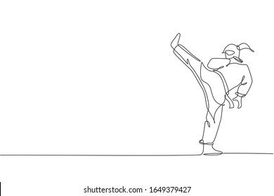 One single line drawing of young sporty karateka girl in fight uniform with belt exercising martial art at gym vector illustration. Healthy sport lifestyle concept. Modern continuous line draw design