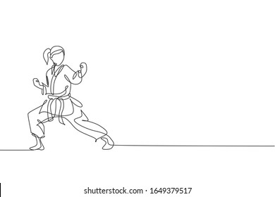 One single line drawing young sporty karateka girl in fight uniform and belt exercising martial art at gym vector illustration  Healthy sport lifestyle concept  Modern continuous line draw design