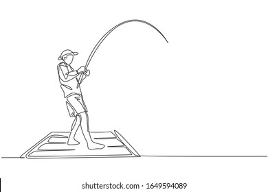 One Single Line Drawing Of Young Happy Fisher Man Standing And Flyfishing At The Wooden Dock Pier Vector Illustration. Holiday Traveling For Fishing Hobby Concept. Modern Continuous Line Draw Design