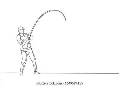 One Single Line Drawing Of Young Happy Fisher Man Standing And Flyfishing At The Riverside Vector Graphic Illustration. Holiday Traveling For Fishing Hobby Concept. Modern Continuous Line Draw Design