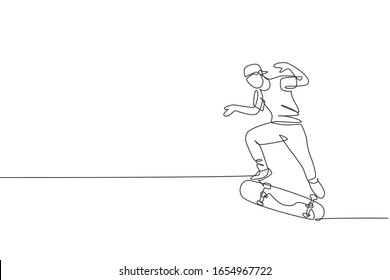 One single line drawing of young skateboarder man exercise riding skateboard in city street vector illustration. Teen lifestyle and extreme outdoor sport concept. Modern continuous line draw design