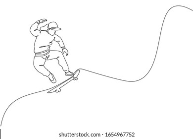 One single line drawing of young cool skateboarder man riding skateboard and jumping in city street vector illustration. Teen lifestyle and outdoor sport concept. Modern continuous line draw design