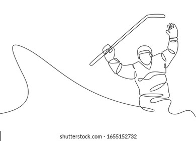 One single line drawing of young ice hockey player celebrate a goal at competitive game on ice rink stadium vector illustration graphic. Sport tournament concept. Modern continuous line draw design