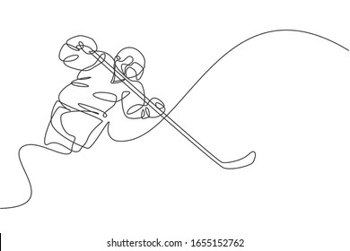 One single line drawing of young ice hockey player in action to play a competitive game on ice rink stadium vector graphic illustration. Sport tournament concept. Modern continuous line draw design