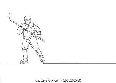 One single line drawing of young ice hockey player in action to play a competitive game on ice rink stadium vector graphic illustration. Sport tournament concept. Modern continuous line draw design
