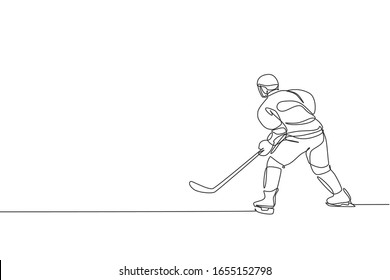 One single line drawing of young ice hockey player in action to play a competitive game on ice rink stadium graphic vector illustration. Sport tournament concept. Modern continuous line draw design