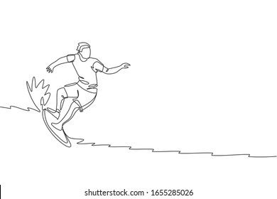 One single line drawing of young sporty surfer man riding on big waves in surfing beach paradise vector illustration graphic. Extreme water sport concept. Modern continuous line draw design