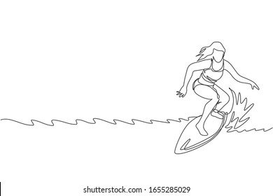 One single line drawing young sporty surfer woman with bikini riding on big waves in surfing beach paradise vector illustration graphic. Extreme water sport concept. Modern continuous line draw design