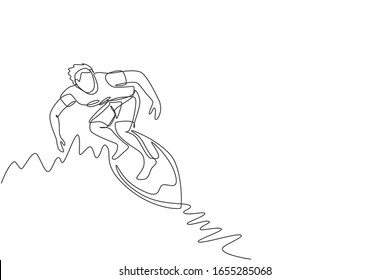 Dibujo de una sola línea de un joven surfista deportivo montado en gran olas barrel en la playa paradisíaca ilustración vectorial de surf. Concepto de estilo de vida deportivo de agua extrema. Diseño moderno de líneas continuas