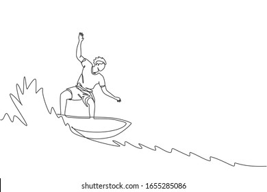 One single line drawing of young sporty surfer man riding on big waves barrel in surfing beach paradise graphic vector illustration. Extreme water sport concept. Modern continuous line draw design