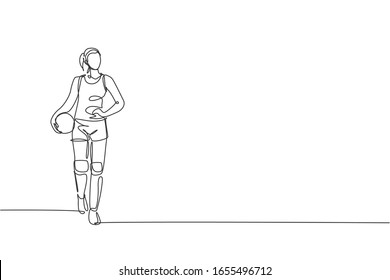 Un dibujo de una sola línea de una joven voleybolista profesional posan lista para servir en la ilustración de los vectores de la corte. Concepto deportivo de equipo. Torneo. Diseño moderno de líneas continuas