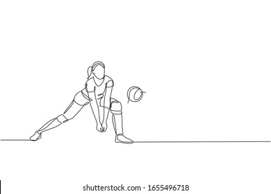 Un dibujo de una sola línea de una joven jugadora de voleibol profesional ejerciendo bloquea el balón en la ilustración del vector del campo. Concepto deportivo de equipo. Torneo. Diseño moderno de líneas continuas