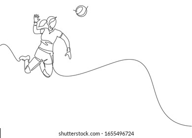 One single line drawing of young female professional volleyball player exercising jumping spike on court vector illustration. Team sport concept. Tournament event.  Modern continuous line draw design