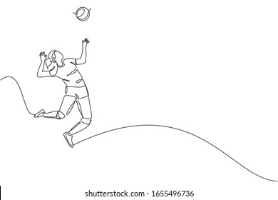 One single line drawing of young male professional volleyball player exercising jumping serve on court vector illustration. Team sport concept. Tournament event.  Modern continuous line draw design