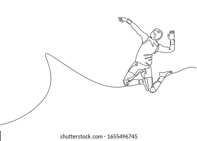 One single line drawing of young male professional volleyball player exercising jumping spike on court vector illustration. Team sport concept. Tournament event.  Modern continuous line draw design