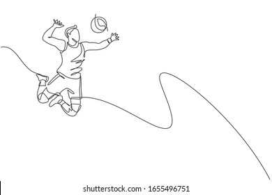 One single line drawing of young male professional volleyball player exercising jumping spike on court vector illustration. Team sport concept. Tournament event.  Modern continuous line draw design