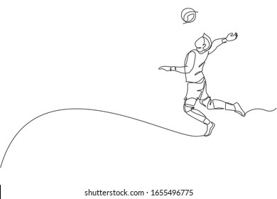 One Single Line Drawing Of Young Male Professional Volleyball Player Exercising Jumping Spike On Court Vector Illustration. Team Sport Concept. Tournament Event.  Modern Continuous Line Draw Design