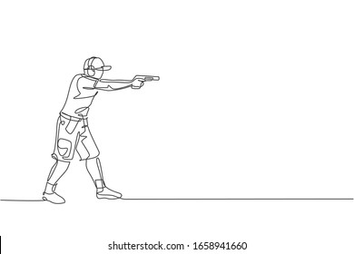 Eine einzige Linie Zeichnung von jungen Mann, der trainiert, Ziel in Reichweite auf Schießen Boden Vektorillustration Illustration. Tontaubenschießen Sportkonzept. Modernes Design für fortlaufende Linienführung