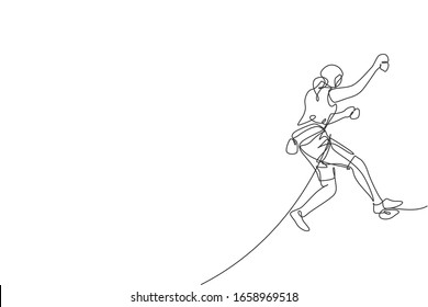 One single line drawing young active woman climbing on cliff mountain holding safety rope vector graphic illustration. Extreme outdoor sport and bouldering concept. Modern continuous line draw design