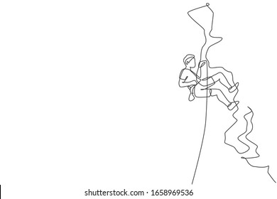 One single line drawing of young active man climbing on cliff mountain holding safety rope vector graphic illustration. Extreme outdoor sport and bouldering concept. Modern continuous line draw design