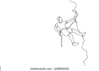 One single line drawing of young active man climbing on cliff mountain holding safety rope vector graphic illustration. Extreme outdoor sport and bouldering concept. Modern continuous line draw design
