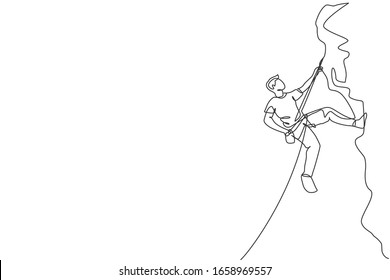 One single line drawing of young active man climbing on cliff mountain holding safety rope graphic vector illustration. Extreme outdoor sport and bouldering concept. Modern continuous line draw design