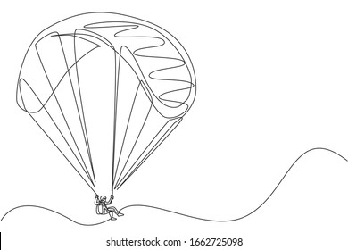 One single line drawing of young sporty man flying with paragliding parachute on the sky vector illustration graphic. Extreme sport concept. Modern continuous line draw design