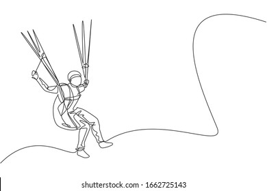 One single line drawing of young sporty man flying with paragliding parachute on the sky vector illustration graphic. Extreme sport concept. Modern continuous line draw design