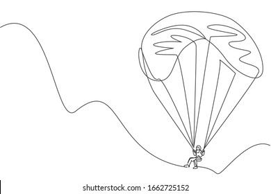 Dibujo de una sola línea de un joven deportista que vuela con paracaídas parapente en la ilustración del vector del cielo. Concepto deportivo extremo. Diseño moderno de líneas continuas