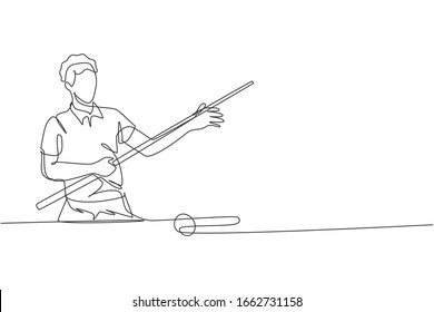 One single line drawing of young handsome man playing pool billiards at billiard room vector illustration graphic. Indoor sport recreational game concept. Modern continuous line draw design