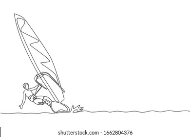Eine einzige Zeichnung des jungen Sportlers spielt Windsurfen in der Vektorillustration des Meeres. Gesunder Lebensstil und Extremsportkonzept. Sommerferien. Modernes Design für fortlaufende Linienführung