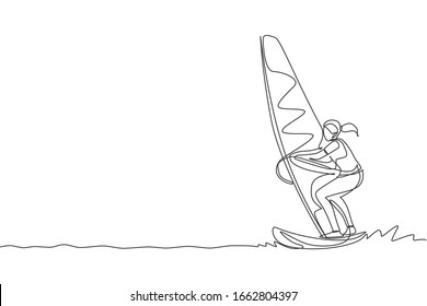 One single line drawing of young sporty woman play windsurfing in the sea beach vector illustration. Healthy lifestyle and extreme sport concept. Summer vacation. Modern continuous line draw design