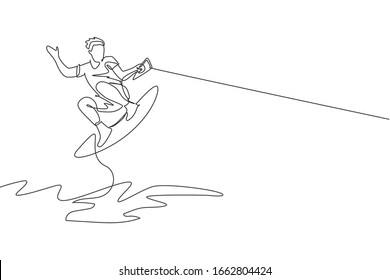 One single line drawing of young sporty man play wakeboarding in the sea beach vector illustration. Healthy lifestyle and extreme sport concept. Summer vacation. Modern continuous line draw design