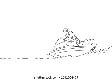 One single line drawing young sporty man play jet skiing in the sea beach graphic vector illustration  Healthy lifestyle   extreme sport concept  Summer vacation  Modern continuous line draw design
