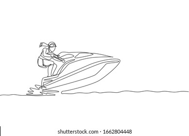 One single line drawing young sporty man play jet skiing in the sea beach graphic vector illustration. Healthy lifestyle and extreme sport concept. Summer vacation. Modern continuous line draw design