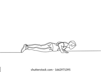 One single line drawing young man working out. Man push up in gym to strengthen body vector illustration. Fitness sport bodybuilding and healthy lifestyle concept. Modern continuous line draw design