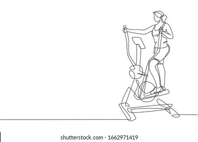 One single line drawing of young energetic woman working out with elliptical cross in gym vector illustration. Fitness sport bodybuilding healthy lifestyle concept. Modern continuous line draw design