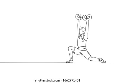 One Single Line Drawing Young Energetic Man Working Out Doing Low Lunge With Dumbbell In Gym Vector Illustration. Fitness Sport Bodybuilding And Healthy Lifestyle Concept. Modern Continuous Line Draw